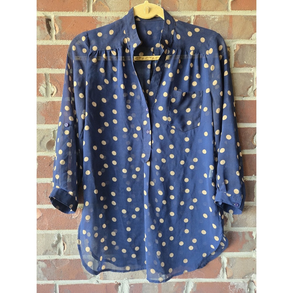 Fun2Fun Women's Small Navy with Gold Polka Dots Sheer Roll Tab Sleeve Blouse